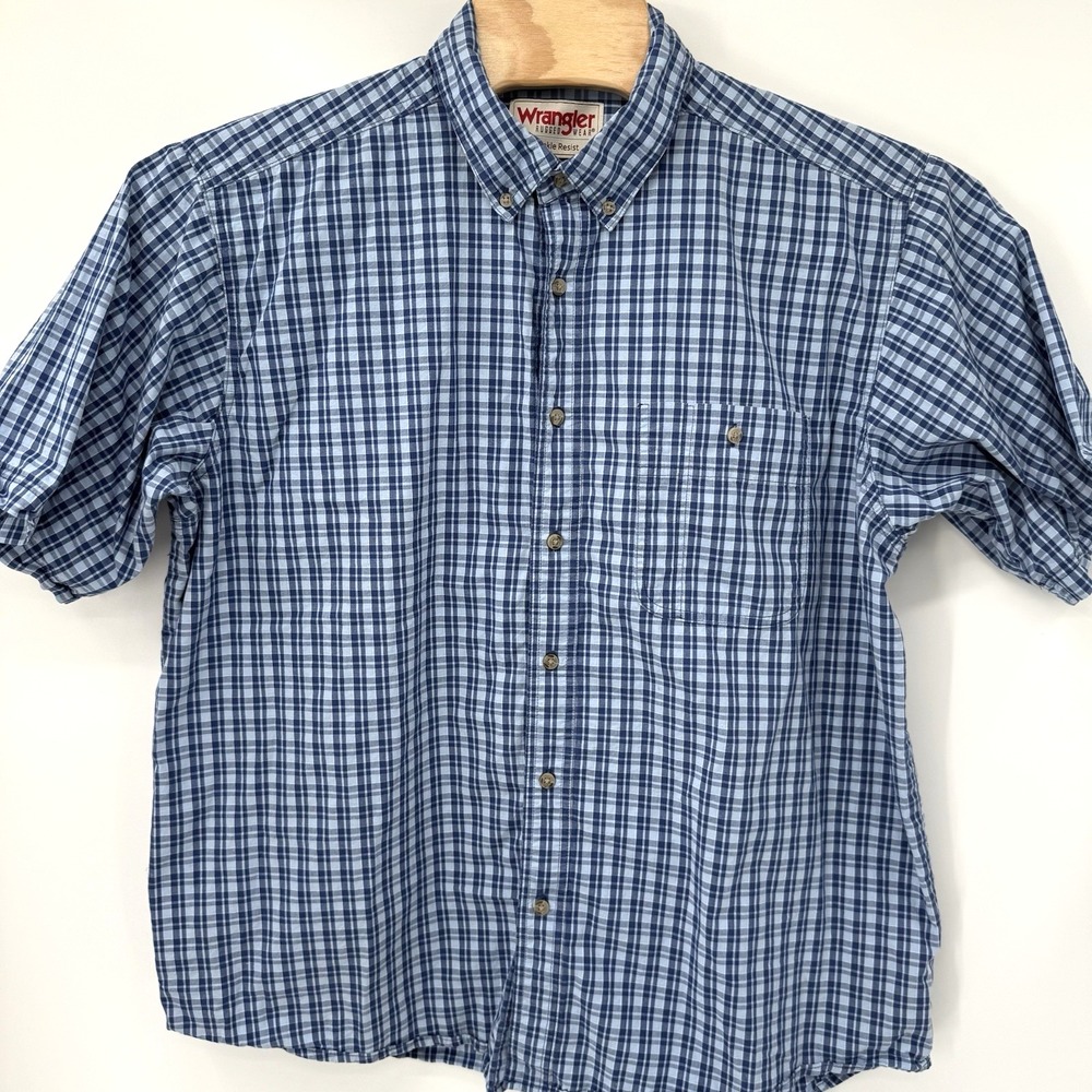 Wrangler Button Down Shirt Mens XXL Blue Plaid Rugged Wear Wrinkle Resist Cotton
